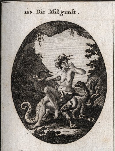 Allegori om misundelse i form af en meget grim gammel kvinde. I raseri bider hun sin næve, og en slange forsøger at bide hendes hjerte. Hun sidder på en hydra, et monster ligner hende. Gravering i "" Iconologie oder Ideen aus dem Gebiete der Leidenschaften af Austrian School
