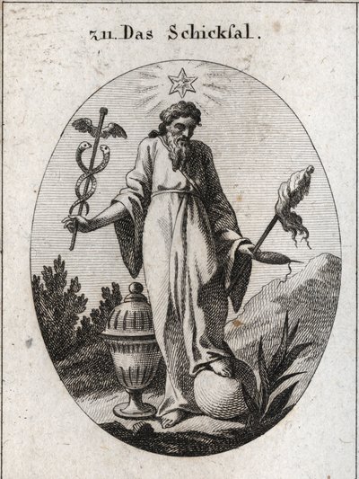 Allegori om skæbnen. En stjerne over den afgiver rapporter om astrologi om hændelser i menneskeliv. Han holder med den ene hånd et løvfældende symbol på sin magt og på den anden et cattailsymbol og en fiuseau, hvis knækkede tråd indikerer livets skrøbeligh af Austrian School
