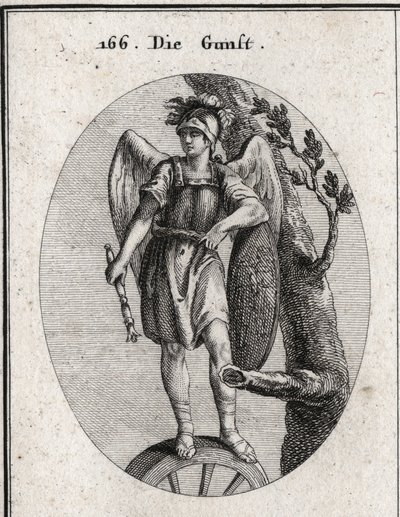 Allegori om gunst afledt af dyd symboliseret ved rustning og vinger, om lykke repræsenteret af hjulet og faren repræsenteret af skjoldet, hvorpå Arions eventyr er illustreret. Sceptret falder mod jorden er tegnet på Per-konger af Austrian School