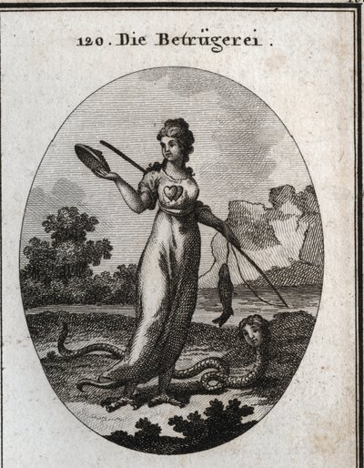 Allegori om bedrageri repræsenteret med et dobbelt hjerte og med en maske. Hun holder en fiskestang, der bed en fisk. Hendes ben ender i gribbeklør, og hun har en skorpionhale. Hans egenskab er en slange med et menneskeligt ansigt. Gravering i "" Iconologi af Austrian School