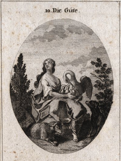 Allegori om godhed repræsenteret af en ædel og rigelig skønhed, der ser på himlen med kærlighed. Pelican symboliserer næstekærlighed, hundetroskab og lam, sødme. Indgravering i "" ikonologi eller ideer fra feltet af lidenskaber og allegorier billedligt rep af Austrian School