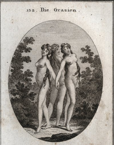 Allegori om nåde. De tre nådegaver: Euphrosine, der betyder hæderlighed og tilfredshed, Aglaya, der symboliserer imponerende skønhed og Thalia-glæde. Indgravering i "" ikonologi eller ideer fra feltet af lidenskaber og allegorier afbildet for Ze af Austrian School