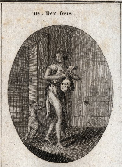 Allegori af grådighed afbildet i klude med en guldkæde, der tjener ham bæltet, som understreger, at besiddelse af ejendom gør hendes slave til det punkt, at hun nægter fornødenheder. På børsen er navnet Pluto, rigdommens gud i mytologien. Den le af Austrian School