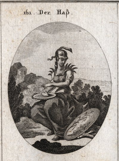Allegori om had. Hendes korselet er toppet med jernspidser, hendes hjelm omgiver med en aspie, og hun holder et bassin, hvorpå der er et hjerte, som hun drysser med fiel. Dens egenskab er et skjold, hvorpå der er afbildet en rørplante og en bregne, som beg af Austrian School