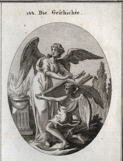 Allegori af historien. Hans handlinger med at lytte og skrive på en stor bog understøttet af tid betyder handlingen at blive informeret om at omskrive erindringen om tidligere ting. Gravering i "" Iconologie oder Ideen aus dem Gebiete der Leidenschaften un af Austrian School