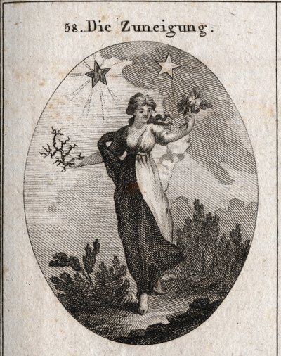 Allegori om tilbøjelighed. Hun holder en buket roser og en buket torne og ser ubeslutsom ud i sit valg. Bag den er en lys og gavnlig stjerne (den af jupiter) og en mørk og skadelig stjerne (den fra Saturn). Gravering i "" Iconologie eller Ideen af Austrian School