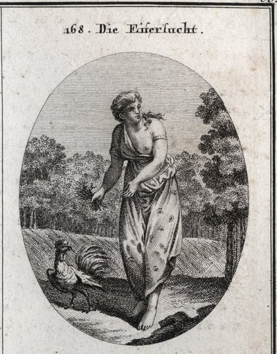 Allegori om jalousi, der strækker øret på den ene side og ser, hvad der sker på den anden. Hendes kjole er oversået med øjne og ører, og den buket af torne, hun holder, at hendes pine er frivillig. Hanen, jaloux og årvågen, er hans symbol. Engravin af Austrian School