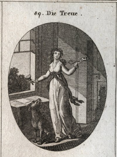 Allegori om loyalitet, hvis symboler er nøglen, seglen og hunden. Indgravering i "" ikonologi eller ideer fra feltet af lidenskaber og allegorier afbildet for tegnere, malere, digtere, lærde, undervisere og venner af højere smag af Austrian School