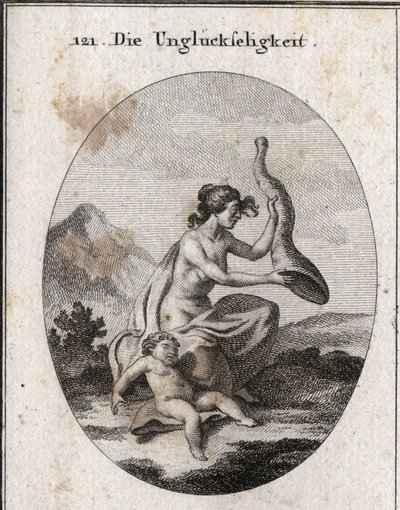 Allegori om ulykke repræsenteret mager og omfattende. Hendes egenskaber er et horn af overflod, som hun ryster og er tomt, og et barn, der går til grunde af sult. Gravering i "" Iconologie oder Ideen aus dem Gebiete der Leidenschaften und Allegorien bi af Austrian School