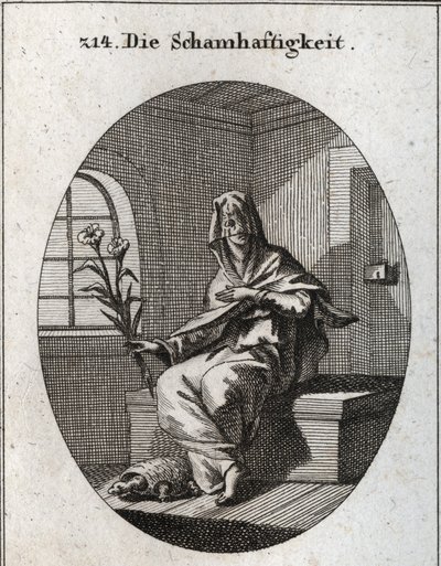 Allegori om beskedenhed. Dens symbol er en gren af liljer og en skildpadde, der betyder, at beskedne kvinder skal fjernes fra deres hjem. Hans ansigt er dækket af et slør. Gravering i "" Iconologie oder Ideen aus dem Gebiete der Leidenschaften und Allegori af Austrian School