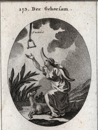 Allegori om lydighed. Hun holder et åg på sine skuldre og bevæger sig fremad for at modtage en bremse, der falder ned fra den åbne himmel, hvor ordet "blødt"" læses. Hunden er hans egenskab. Gravering i "" Iconologie oder Ideen aus dem Gebiete der Leidensc af Austrian School
