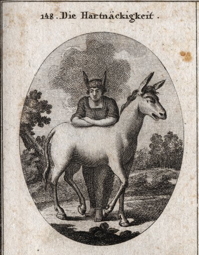 Allegori om stædighed, der læner sig op af et muldyr. Æselørerne på hans hoved er emblemet på uvidenhed og stædighed. Dampen omkring hans hoved betyder, at hans intelligens er mørk. Gravering i "" Iconologie oder Ideen aus dem Gebiete der Leidenschaften un af Austrian School