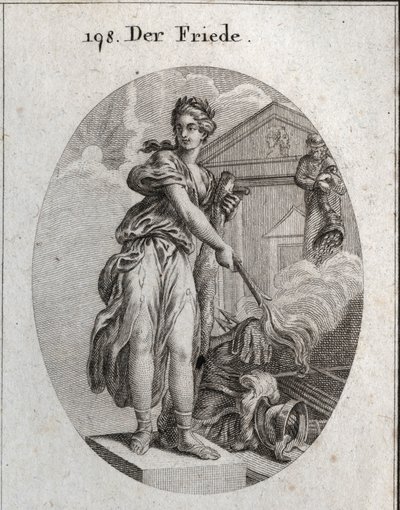 Allegori om fred. Hun bærer en krans af oliventræer og holder en kølle, mens hun brænder en trofee af våben med en fakkel. Bag den betyder statuen af Plutus, at overflod og rigdom er dens fordele. Gravering i "" Iconologie oder Ideen aus dem Gebiete af Austrian School