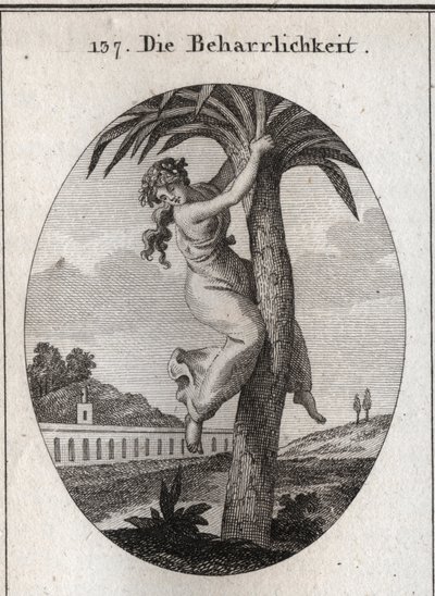 Allegori om udholdenhed. Palmetræet, som en ung pige er knyttet til, er dydens symbol. Hun ser med deda på jorden. Indgravering i "" ikonologi eller ideer fra området lidenskaber og allegorier afbildet til tegning af Austrian School