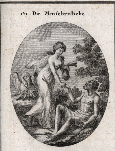 Allegori af filantropi. Hun har et stipendium og kommer for at redde en fattig mand, som hun rækker ud til. Hans egenskab er en pelikan, der åbner hans bryst for at fodre sine unger. Gravering i "" Iconologie oder Ideen aus dem Gebiete der Leidenschaften u af Austrian School