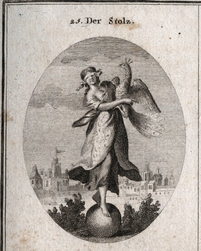 Allegori om stolthed repræsenteret af en ung pige med bind for øjnene placeret på et kugleemblem af hendes lille solidit. Påfuglen symboliserer den fantastiske ånd. Det rige tøj dækker hendes fattige tøj for at vise det udendørs. Gravering i "" Iconologie  af Austrian School