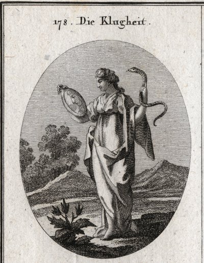 Allegori om forsigtighed, dens almindelige egenskaber er spejlet og slangen. Hun har to ansigter, et ungt menneske til forventning om fremtiden og et gammelt til at tage hensyn til fortiden. Gravering i "" Iconologie oder Ideen aus dem Gebiete der Lei af Austrian School
