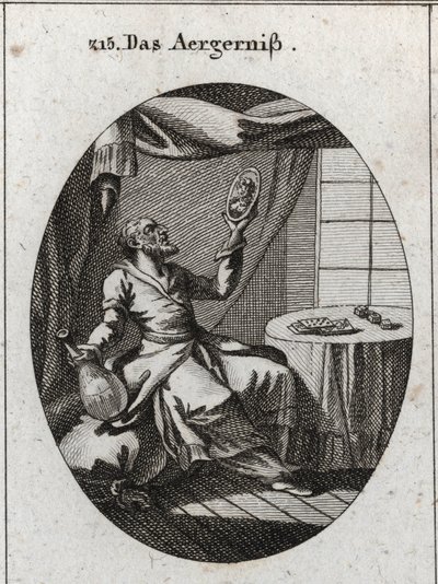 Allegori om skandale. Han holder med den ene hånd en flaske og på den anden et portræt af en ung kvinde og nær et bord, hvor der spilles kort og spil. Gravering i "" Iconologie oder Ideen aus dem Gebiete der Leidenschaften und Allegorien bildich dargest af Austrian School