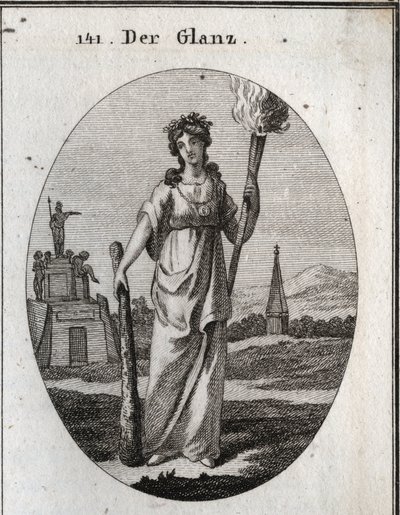 Allegori om pragt. Klubben, som den er afhængig af, er symbolet på dyder. Kæden og guldmedaljen er belønningen. Lysfakkelen er let til smukke gerninger. Gravering i "" Iconologie oder Ideen aus dem Gebiete der Leidenschaften und Allegorien bi af Austrian School