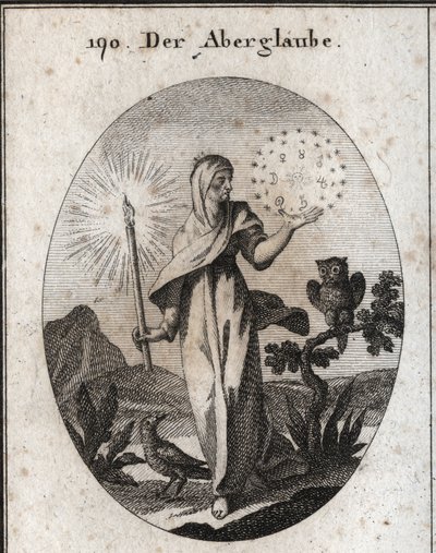 Allegori om overtro. Hun holder et stearinlys og en cirkel af stjerner, der omgiver tegnene på de syv planeter, som hun anser for at være ængstelige. Dens egenskaber er uglen og kragen. Gravering i "" Iconologie oder Ideen aus dem Gebiete der Lei af Austrian School