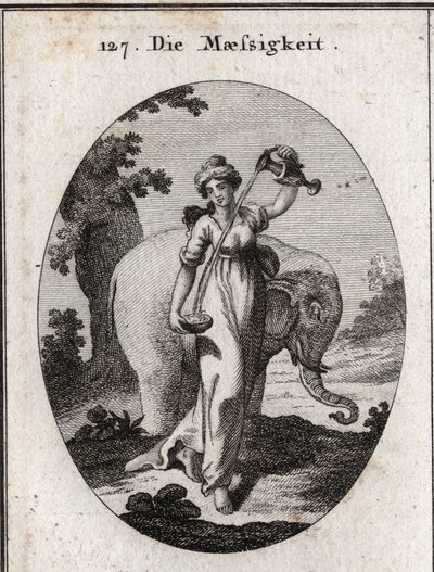 Allegori om afholdenhed. Dens egenskaber er vand- og vinblandinger sammen, såvel som at elefanten, dyret altid spiser den samme mængde mad uden overskud. Gravering i "" Iconologie oder Ideen aus dem Gebiete der Leidenschaften und Allegorien bildic af Austrian School