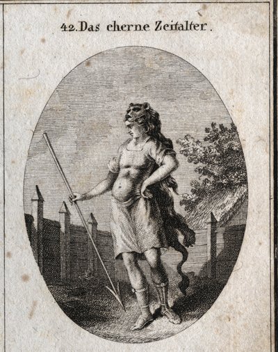 Allegory of the Copper Age repræsenterer som en vagtpost nær et hegn i en stolt holdning våben af ​​et korselet og et spyd og kasket af en løveskind. Indgravering i "" ikonologi eller ideer fra feltet af lidenskaber og allegorier billedligt afbildet fu af Austrian School