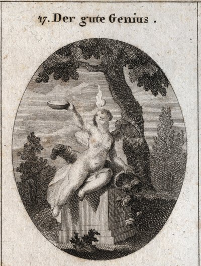 Allegori om den gunstige ånd under figuren af en barnevinge med en lille flamme på hovedet, siddende på et alter i skyggen af et platantræ. Overflodens horn betyder, at det fylder mennesker og hans gunst. Faderen er et symbol på religiøse følelser. E af Austrian School