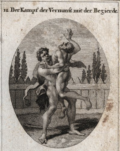Allegori om kampen om fornuft og appetit. Den jordiske og kødelige appetit er skildret af Ante, og Herkules (Herakles) symboliserer fornuft, styrke og mod, der tager og kvæler Ante. Gravering i "" Iconologie oder Ideen aus dem Gebiete der Le af Austrian School