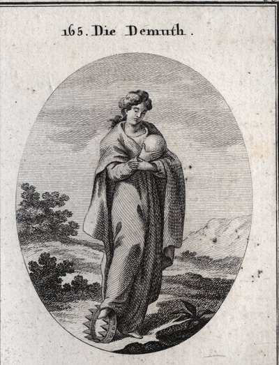Allegori om ydmygheden. Under hans fod en krone af guld beriget med ædelstene. Hun betragter dedain en bold, der repræsenterer jorden, som hun savner storheden af. Gravering i "" Iconologie oder Ideen aus dem Gebiete der Leidenschaften und Alleg af Austrian School