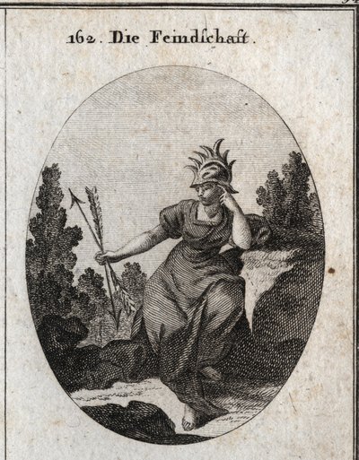Allegori om inimiten med en hjelm trimmet med jernspidser. Hendes kjole er oversået med flammer. De to pile, hun holder mod det modsatte, er synonyme med selvmodsigelse. Gravering i "" Iconologie oder Ideen aus dem Gebiete der Leidenschaften und Allegori af Austrian School