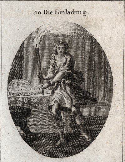 Allegori på invitationen som en ung mand med et grinende ansigt, der inviterer til et bord dækket med tallerkener. Faklen, han holder, er Comus egenskab, gud for fester og natfester. Gravering i "" Iconologie oder Ideen aus dem Gebiete der Leidenschaften af Austrian School
