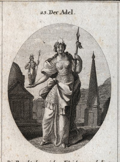 Allegori over adelen. Stjernen betyder forhøjelse af følelser. Statuen af Minerva og spydet markerer, at den kan opnå fortjeneste inden for videnskab og våben. Gravering i "" Iconologie oder Ideen aus dem Gebiete der Leidenschaften und Allegorien billede af Austrian School