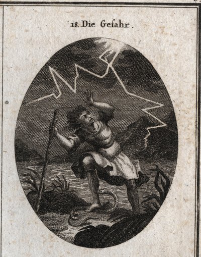 Allegori om faren repræsenteret af en ung mand, der flygter fra en hurtig strøm ved at sætte foden på en slange, der stikker ham, og samtidig slog en torden bag ham. Gravering i "" Iconologie oder Ideen aus dem Gebiete der Leidenschaften und Allego af Austrian School