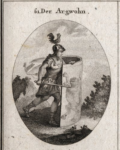 Allegori af mistanken skærer bag et skjold, hvorpå der står en løve, symbol på mistanken ifølge Aristoteles, og en hane på hjelmen, der repræsenterer årvågenhed. Gravering i "" Iconologie oder Ideen aus dem Gebiete der Leidenschaften und Alleg af Austrian School