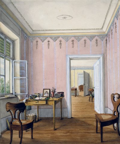 Biedermeier stil interiør, omkring 1840, akvarel, Østrig af Austrian School