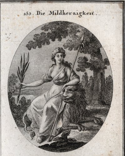 Clemence allegori. Hun er repræsenteret med et spyd og en olivengren for at indikere, at hun har magten til at straffe, men også til at tilgive. Løven er generosits egenskab. Gravering i "" Iconologie oder Ideen aus dem Gebiete der Leidenschaften un af Austrian School