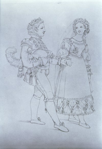 Kostumeforslag til Figaro og Susanna fra operaen "Figaros bryllup" af Wolfgang Amadeus Mozart (1756-91) (stik) af Austrian School