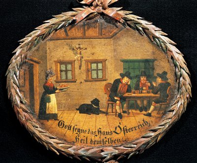 Kunder sidder ved bordet i kro og servitrice, ovalt skilt til kro, Østrig af Austrian School