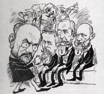 Emile Zola forsøger at låse låsene op, der lukker munden på præsidenterne Jean Casimir-Perier (1847-1907) og Felix Faure (1841-1899) samt formanden for rådet Jules Meline (1838-1925), mens han i baggrunden, Henri Rochefort (1831-1913) fortalte Com af Austrian School