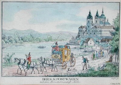 Det kejserlige østrigske postvæsen foran Melk Abbey ved siden af Donau, begyndelsen af det 19. århundrede (farvegravering) af Austrian School
