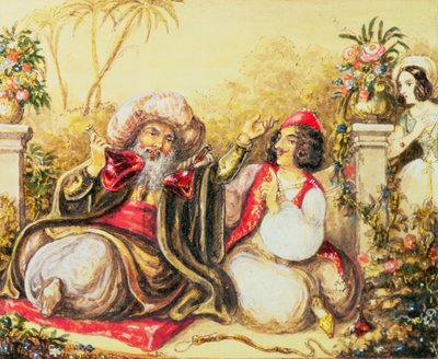 Pedrillo flyver Osmin med drink, mens Blonda venter i baggrunden, scene fra 2. akt, fra 