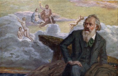 Postkort forestillende Johannes Brahms (1833-97), der komponerer sin 1. symfoni op. 68, ca. 1900 af Austrian School