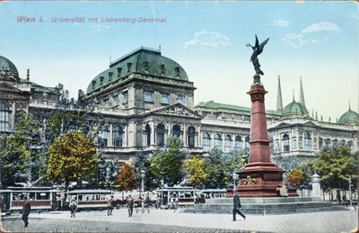 Postkort, der forestiller Wiens universitet og Liebenberg-monumentet, ca. 1915 af Austrian School