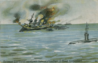 Sænkning af den italienske krydser Giuseppe Garibaldi af den østrigske ubåd U-4, Første Verdenskrig, 18. juli 1915 af Austrian School