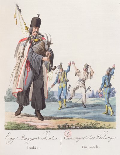 Soldater fra et ungarsk regiment udfører en rekrutteringsdans, illustration fra en bog Costumes de Hongrie, udgivet i Wien, 1810 af Austrian School