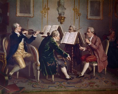 Strygekvartet, der spiller et Mozarts værk (Kammermusik) (litografi af Austrian School