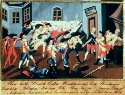 Anholdelsen af Albrecht von Wallenstein (1583-1634) i Eger af en styrke af irske og skotske officerer under kommando af general Butler af Austrian School