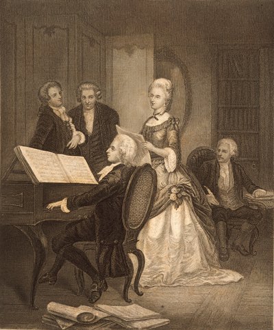 Wolfgang Amadeus Mozart akkompagnerer Caterina Maddalena Giuseppa (gravering) af Austrian School