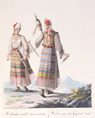 Kvinder i traditionel kjole fra Mehadia-regionen, illustration fra en bog Costumes de Hongrie af J.H. de Bikkesy, 1810 (farvegravering) af Austrian School