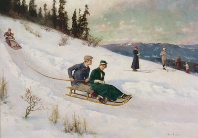 Slædekørsel og skiløb (olie på lærred) af Axel Hjalmar Ender